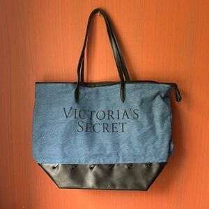 Victoria's Secret denim and Black faux leather Tote Bag